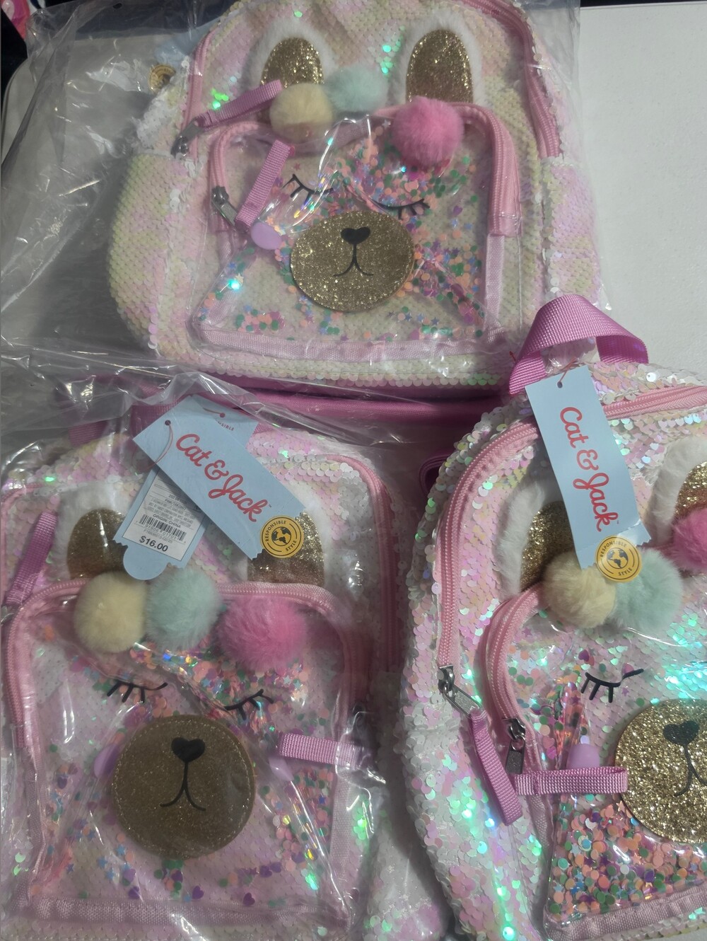 BUNDLE! 5 Mini Cat & Jack Pink Sequin Bear Mini Backpack with Pom-Poms